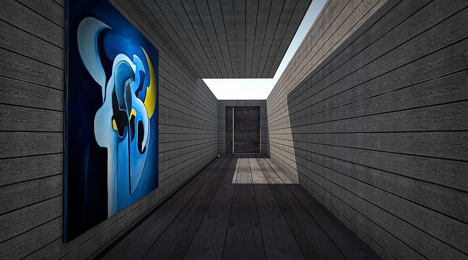 blue, yellow, and black abstract art painting mounted on wall HD wallpaper