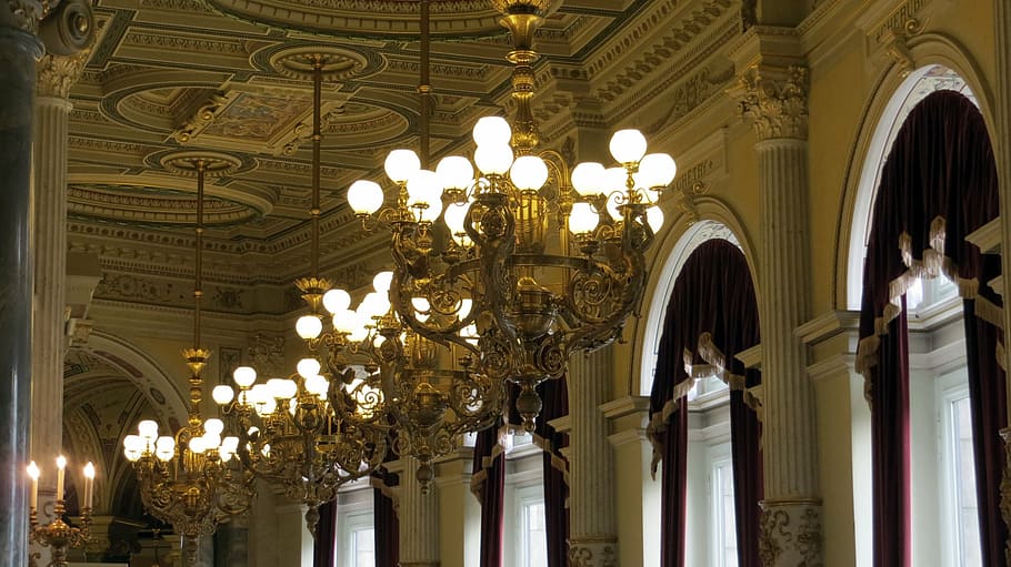 semper opera, interior, solemnly, chandelier illumination, ceiling, HD wallpaper