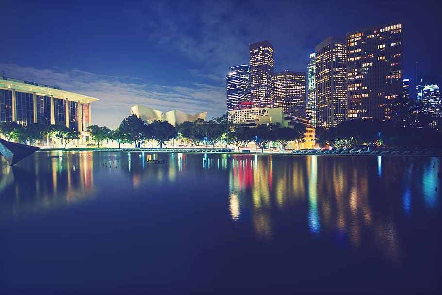 panoramic photography of city, light, boat, skyscraper, building HD wallpaper