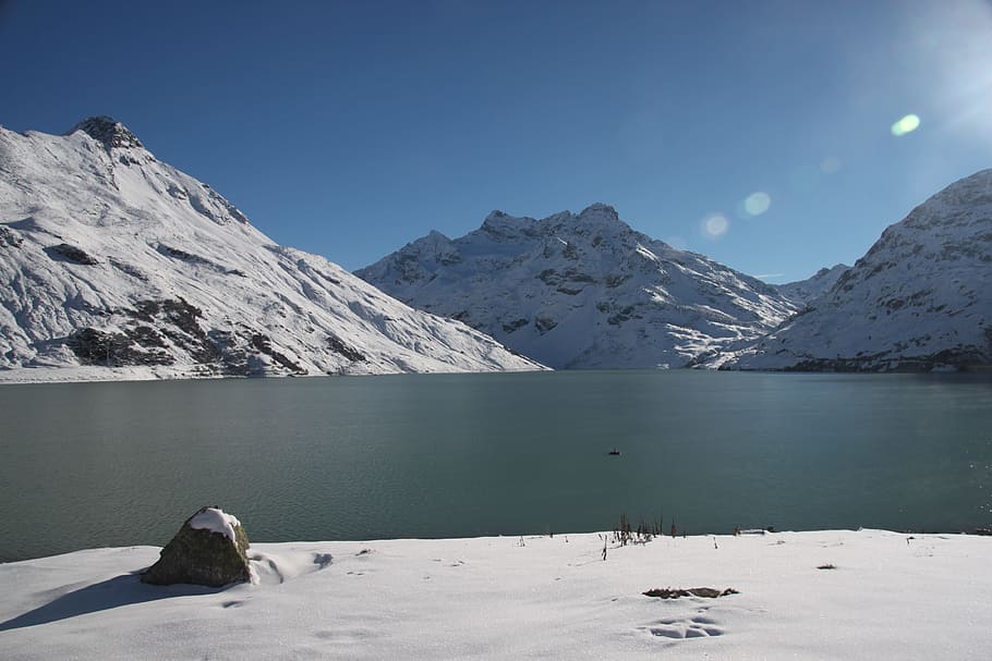 silvretta, reservoir, winter, mountain, water, cold temperature HD wallpaper