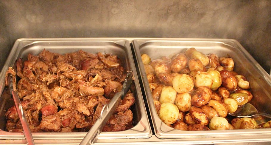 buffet, meat, lamb, potatoes, heat sink, food, food and drink, HD wallpaper