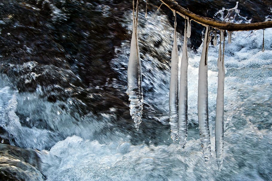 snow, cold, winter, ice, torrent, motion, water, nature, waterfront
