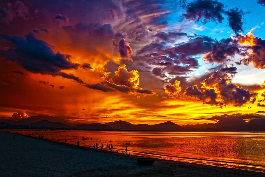 people near ocean during golden hour, beach, lagoon, sunset, sundown, HD wallpaper