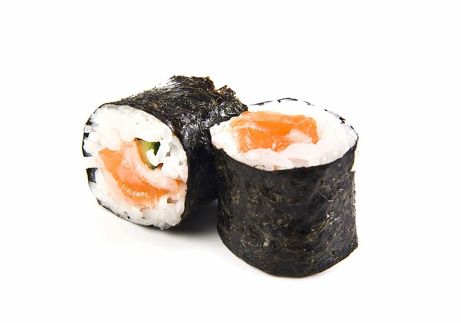 two sushis, maki, fish, rice, salmon, raw, seafood, white background HD wallpaper