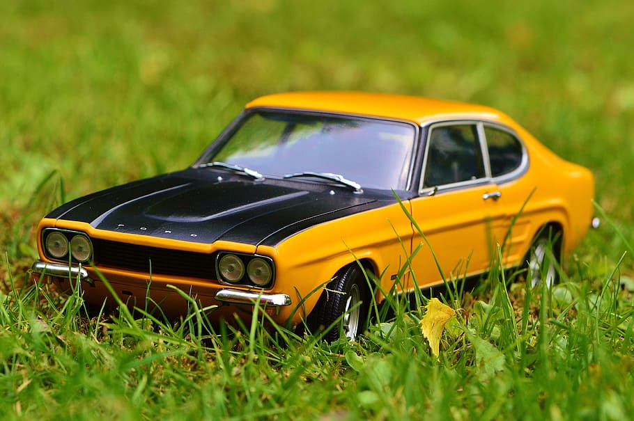capri, auto, model, oldtimer, vehicles, model car, yellow, black HD wallpaper