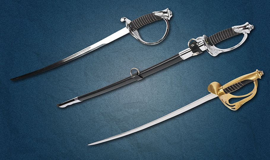two black and gold sabres, saber, weapons, blade, hilt, checker, HD wallpaper