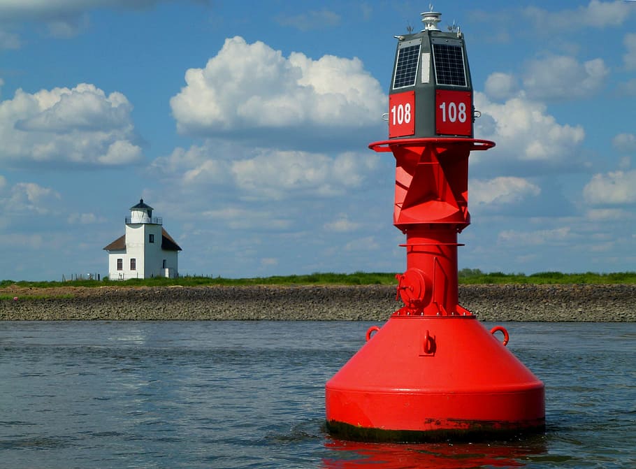 red and gray sea bouy on sea at daytime, elbe, romance, mood HD wallpaper