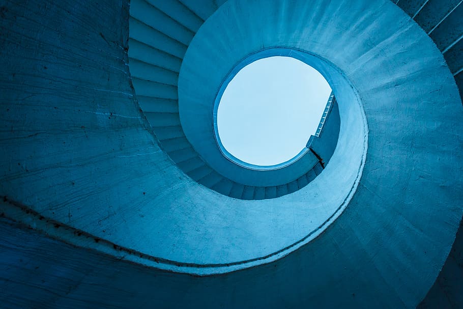 architectural structure photography of spiral stairs, low angle photo of white spiral stair HD wallpaper