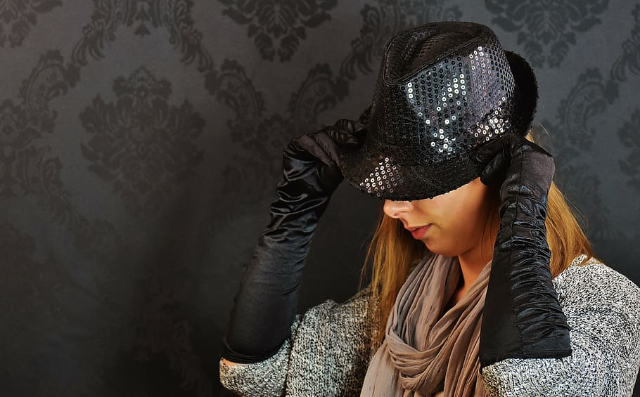 woman, hat, sequins, chic, gloves, one woman only, only women HD wallpaper