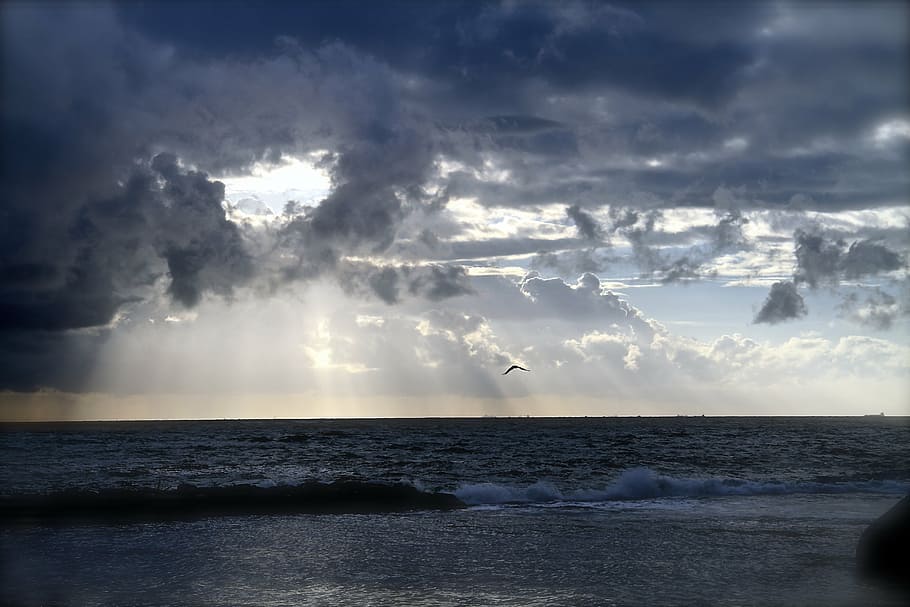 body of water under white and grey cloudy daytime sky, ocean HD wallpaper
