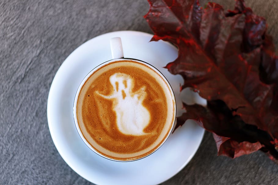 white ceramic teacup filled with ghost illustration coffee latte on white ceramic saucer beside maroon leaf photography, full white teacup on saucer HD wallpaper