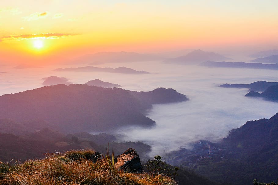 Sun Rise With Mountain and Green Grass, adventure, altitude, background HD wallpaper