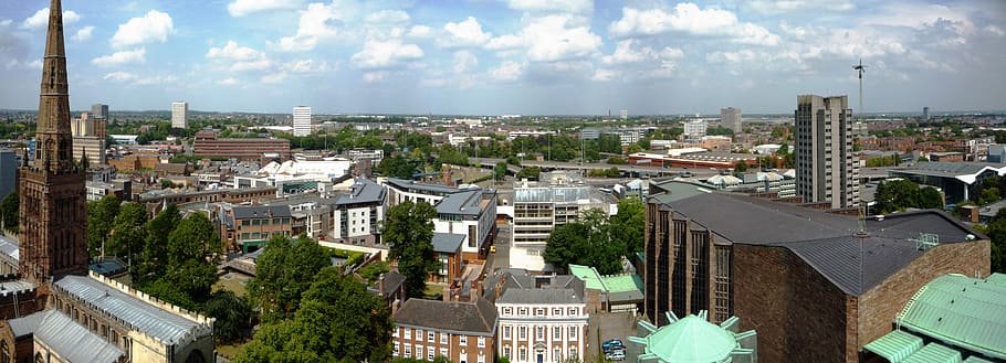 Panoramic View of the city of Coventry, England, cityscape, clouds, HD wallpaper