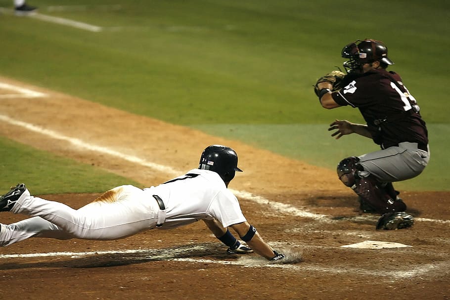 baseball player diving on block, scoring, sliding into home, game, HD wallpaper