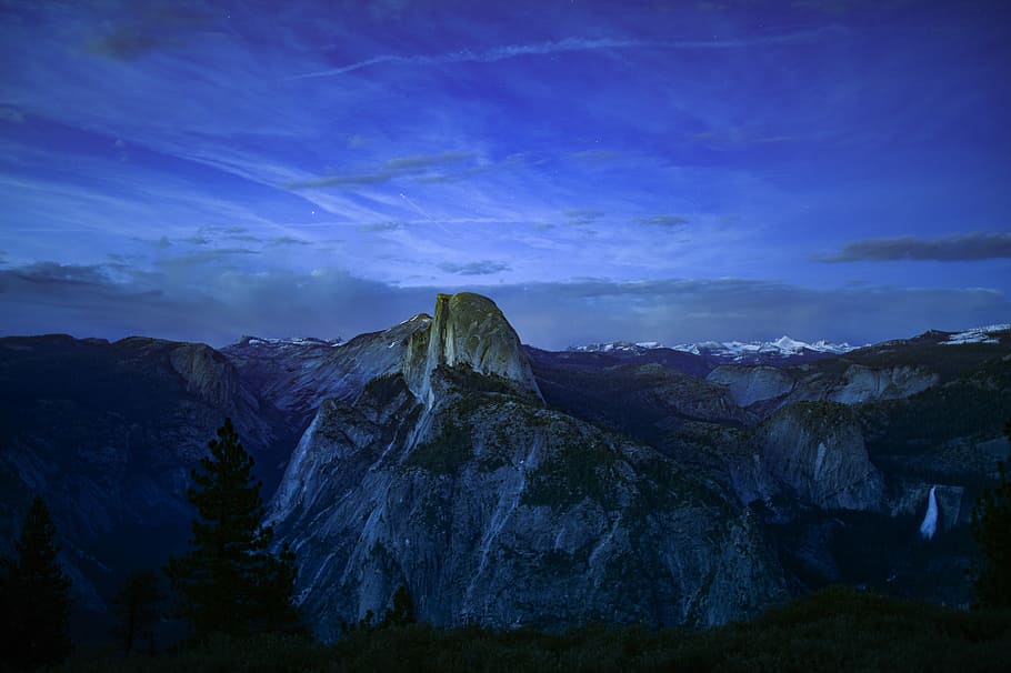 mountains, green trees and mountain under night time, sky, star HD wallpaper