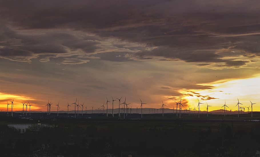 clouds, dawn, dusk, silhouette, sky, sunrise, sunset, wind turbines HD wallpaper