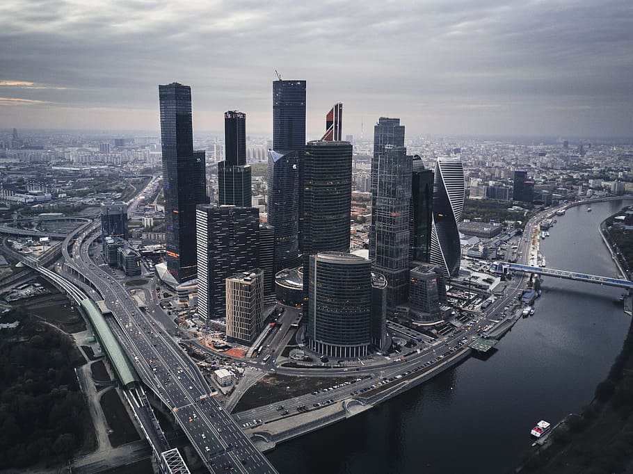 aerial photo of city, gray and black buildings, Moscow, cityscape