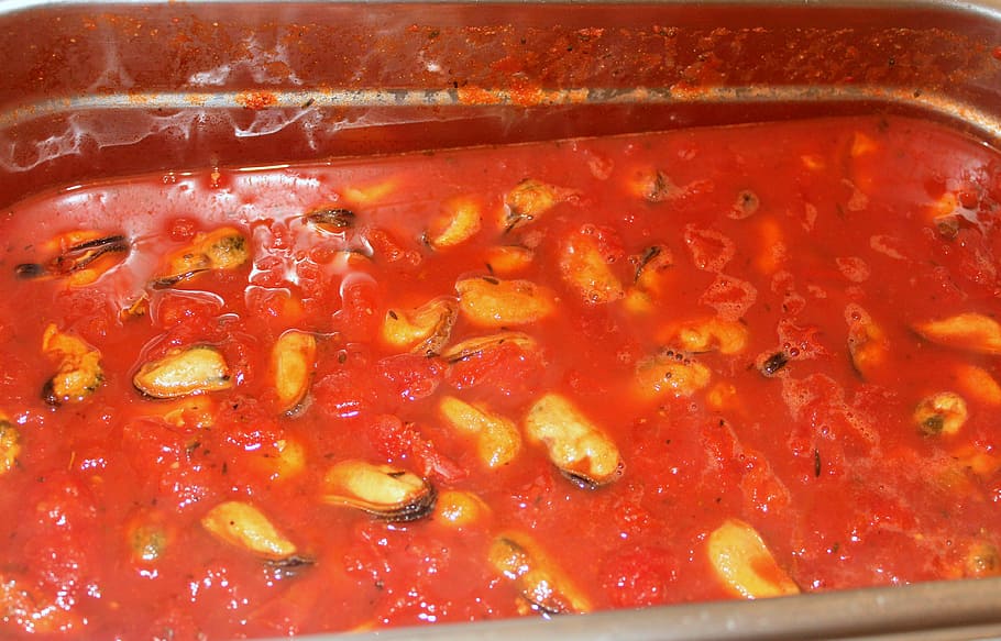 red, sauce, mussels, food and drink, healthy eating, vegetable HD wallpaper