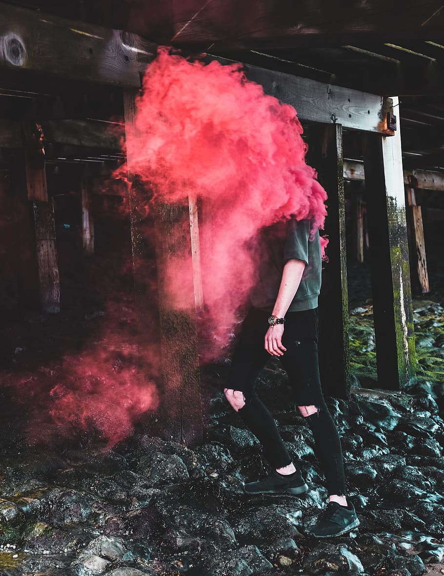 person cover with pink smoke, red, vape, outdoor, people, man