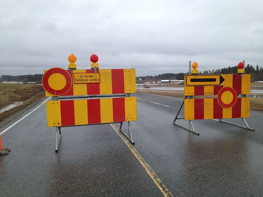 road, across, ban, finnish, road sign, detour, sky, cloud - sky