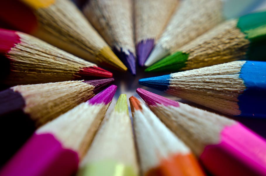 macro shot photography of color pencils, background, blue, brown HD wallpaper