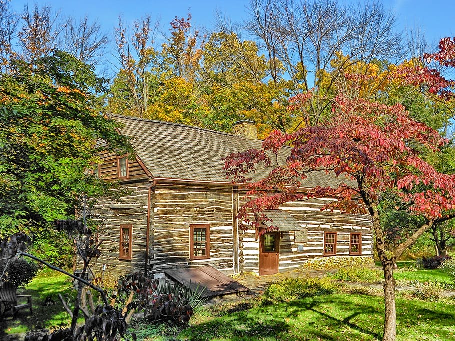 pennsylvania, house, home, log cabin, landmark, historic, trees, HD wallpaper