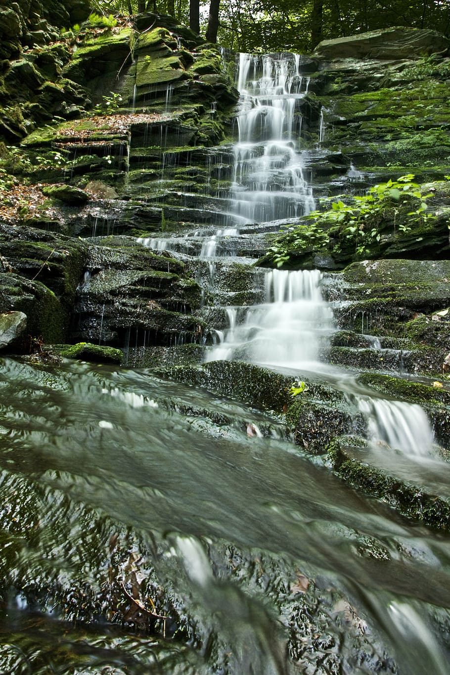 waterfall, cascade, stream, river, rock, green, scenery, motion HD wallpaper