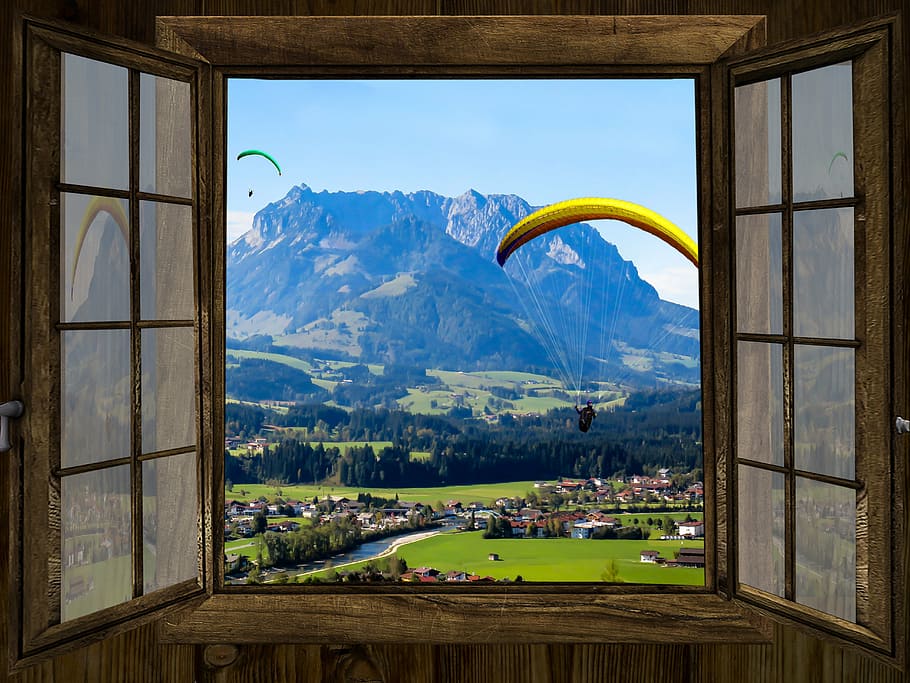 man paragliding view front the window, outlook, mountains, kaiser mountains HD wallpaper