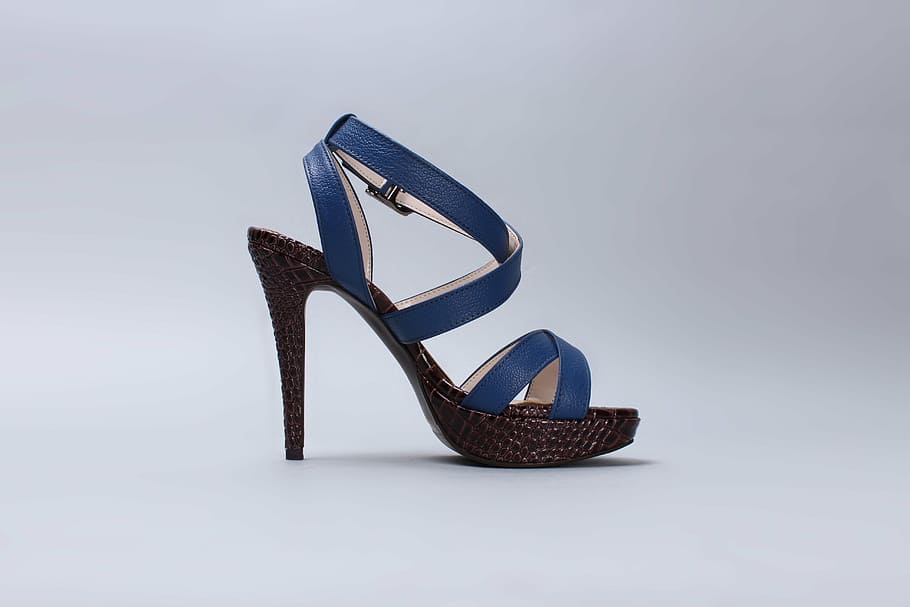 blue and brown peep-toe slingback stiletto-heeled sandal, sandals, HD wallpaper