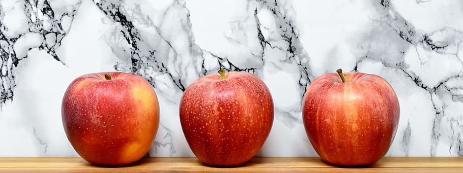 three red apples placed on brown surface, fruit, healthy, vitamins HD wallpaper