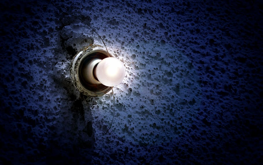 white lightbulb on white concrete wall, pear, energy, rough plaster HD wallpaper