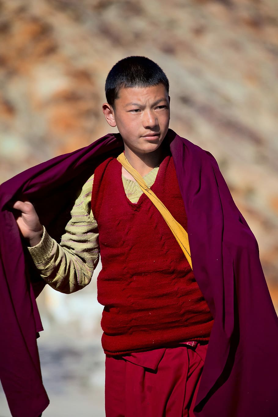 boy ladakh, man standing holding purple shawl, male, blanket HD wallpaper