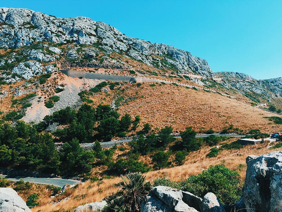 mountain with stone covered, landscape photography of mountain and trees HD wallpaper