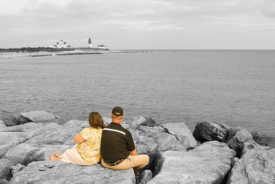 romance, lighthouse, ocean, sea, sitting, water, rock, rock - object HD wallpaper