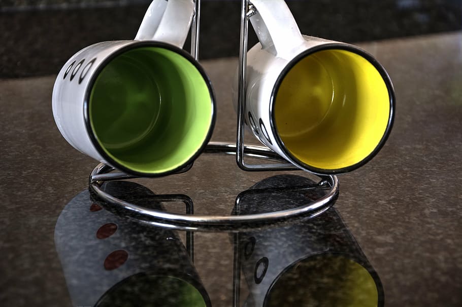 mugs, pottery, containers, colourful, close-up, metal, indoors HD wallpaper