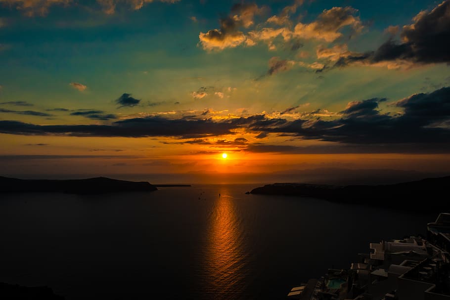 sunset, sky, greece, nature, clouds, evening, dusk, water, sea HD wallpaper