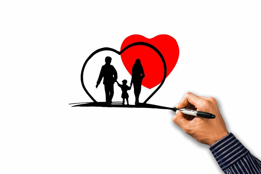 person drawing silhouette of people on white paper, family, bless you, HD wallpaper