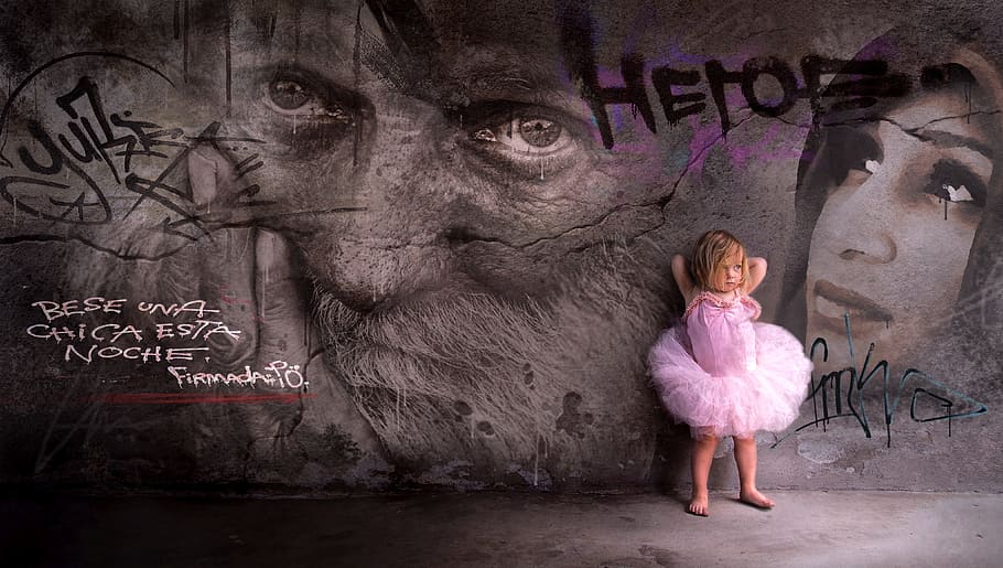 child standing at the back of male poster, graffiti, wall, girl, HD wallpaper