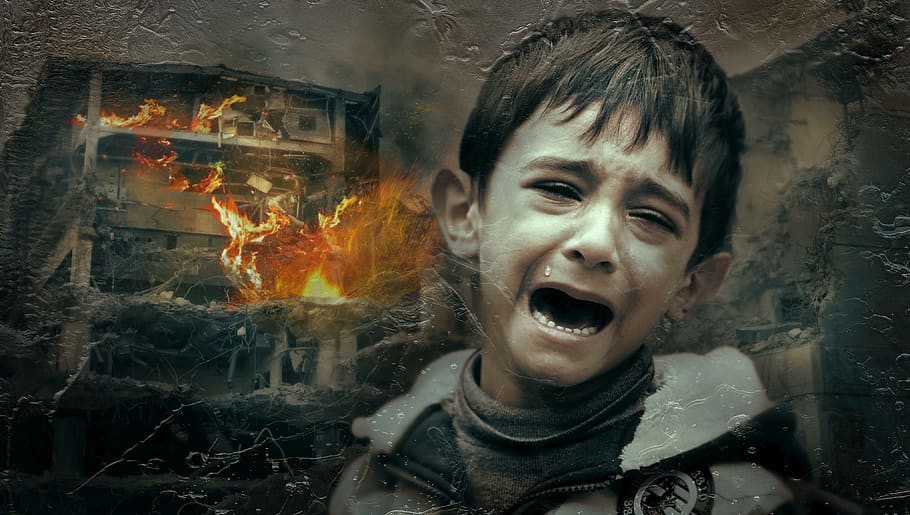crying boy in gray zip-up jacket wallpaper, war, child, suffering, HD wallpaper