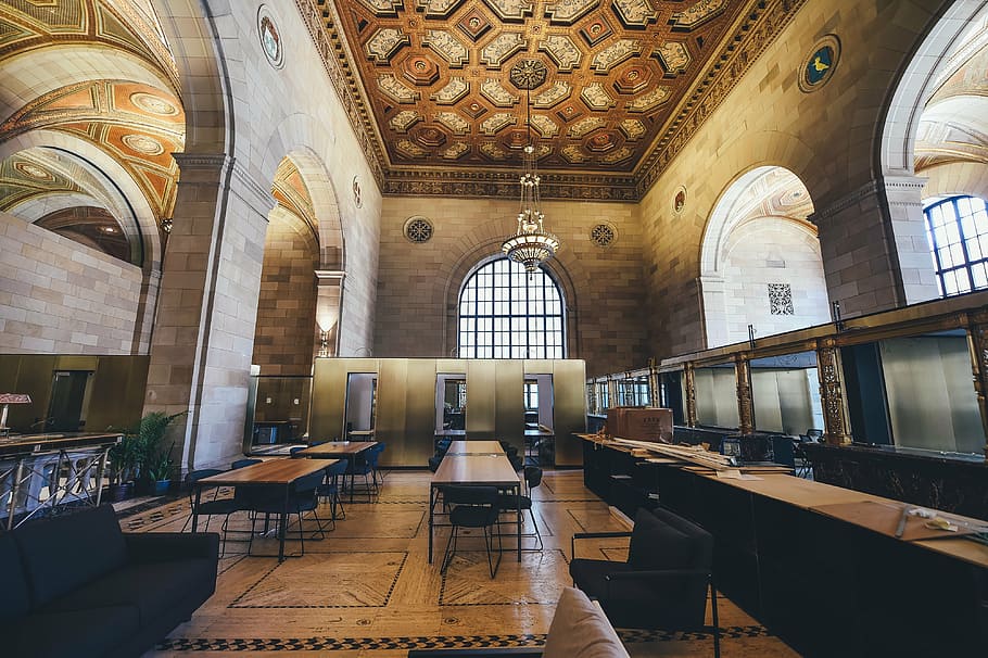 arch, architecture, building, ceiling, chairs, chandelier, couches HD wallpaper