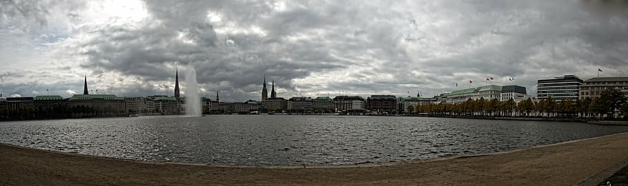 hamburg, jungfernstieg, panorama, architecture, cloud - sky, HD wallpaper