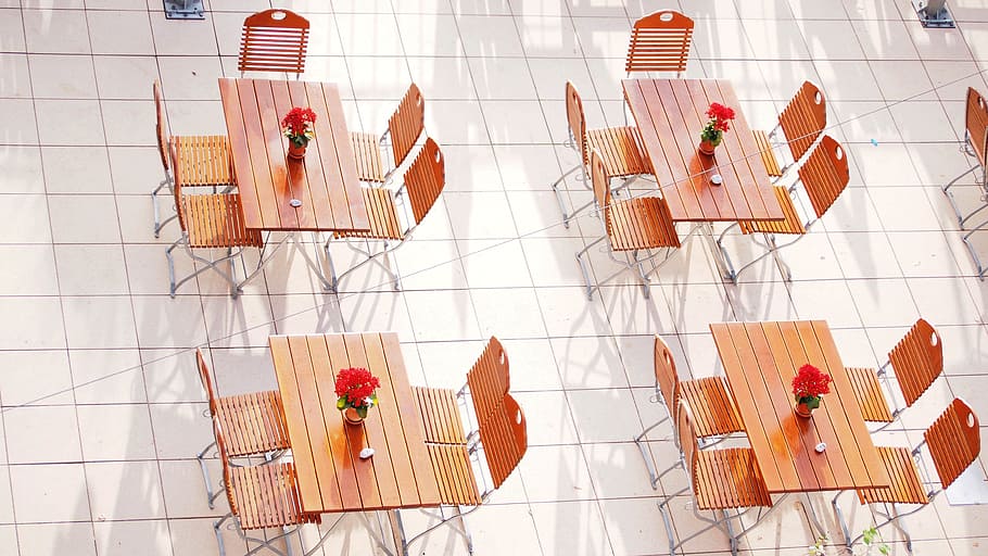 four rectangular brown wooden tables with chairs set, dining tables HD wallpaper