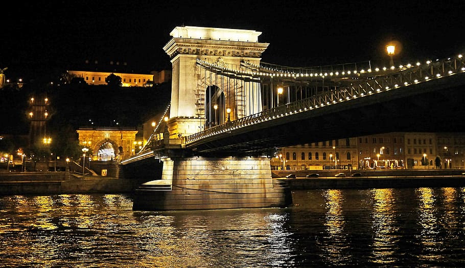 bridge on body of water, budapest at night, chain bridge, burgberg tunnel