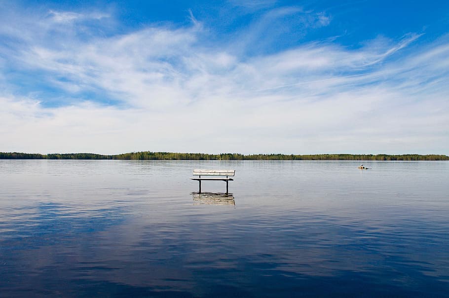 body of water under white clouds, lake, bench, landscape, spring HD wallpaper