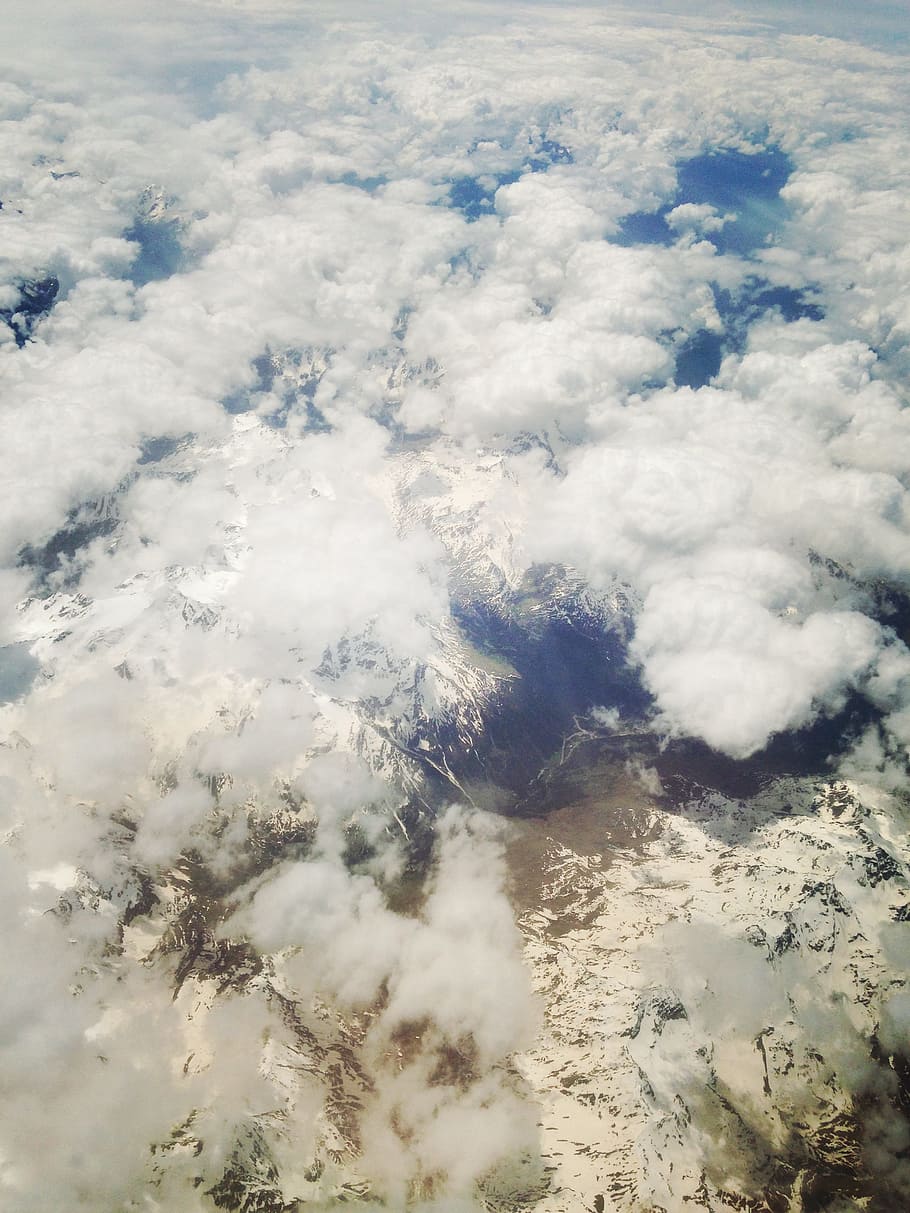 aerial view, mountain range, alpine, clouds, fluffy, nature HD wallpaper