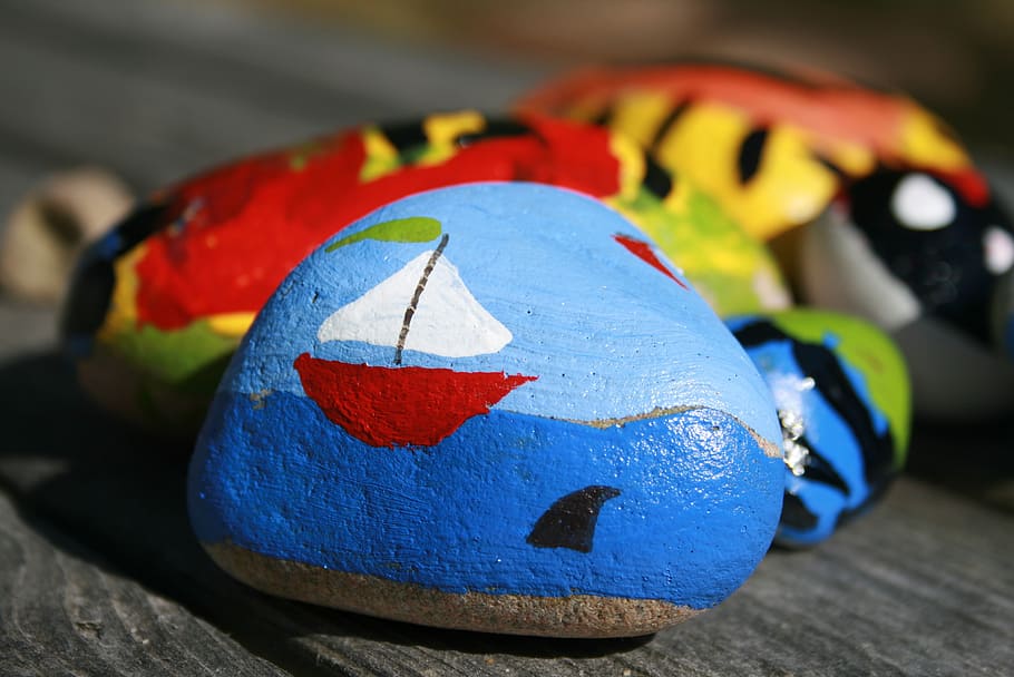 sailboat near shark painted stone, rock, drawing, play, summertime HD wallpaper