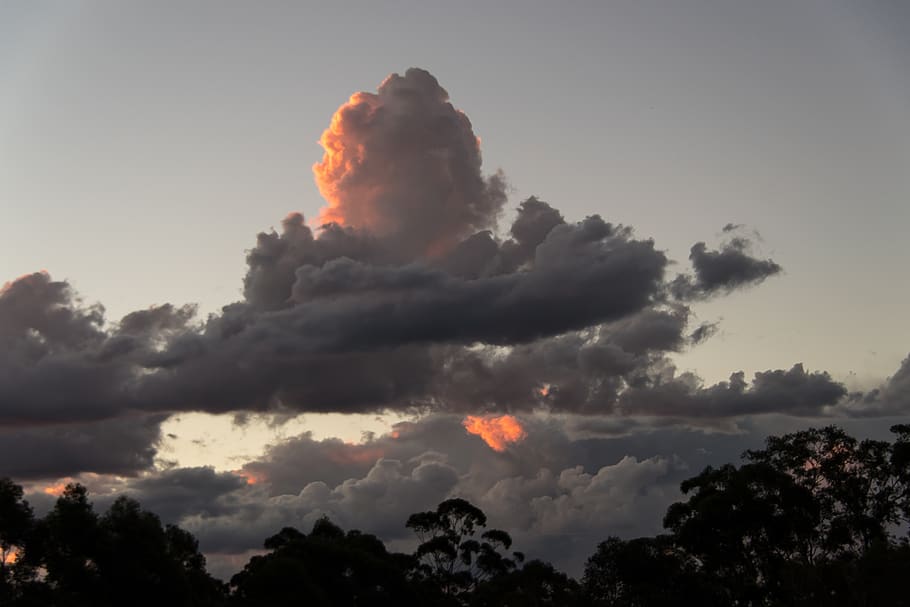 sunset, sky, clouds, formation, cloudscape, weather, grey, dramatic HD wallpaper