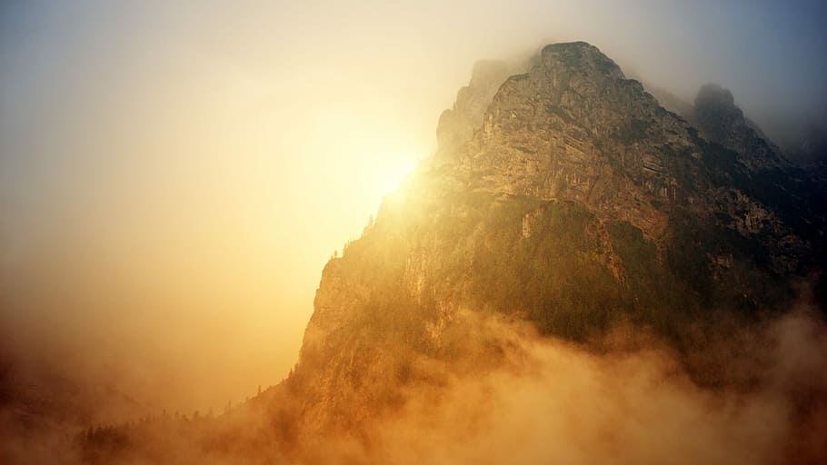 gray rocky mountain with trees during golden hour photo, landscape photography of mountain during golden hour HD wallpaper