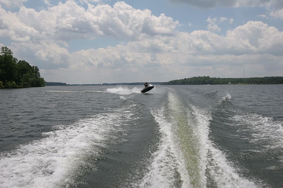 wake, waves, jetski, lake, water, lake anna, summer, sky, blue HD wallpaper