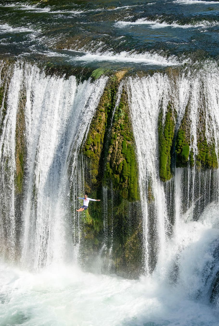 man jumped-off waterfalls, man diving from waterfalls, motion HD wallpaper